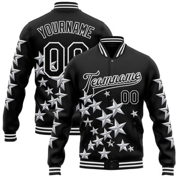 Custom Black White Y2K Stars 3D Pattern Design Bomber Full-Snap Varsity Letterman Jacket