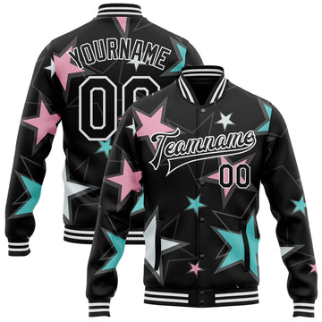 Custom Black White Y2K Stars 3D Pattern Design Bomber Full-Snap Varsity Letterman Jacket