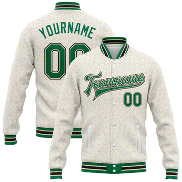 Custom White Kelly Green Cream-Black Crosses 3D Pattern Design Bomber Full-Snap Varsity Letterman Jacket
