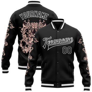 Custom Black White Gothic Skull 3D Pattern Design Bomber Full-Snap Varsity Letterman Jacket