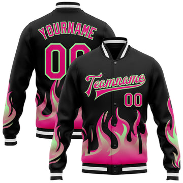 Custom Black Hot Pink Pea Green-White Flame 3D Pattern Design Bomber Full-Snap Varsity Letterman Jacket