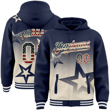 Custom Navy Vintage USA Flag-Cream Gradient Style Twinkle Star Bomber Full-Snap Varsity Letterman Hoodie Jacket