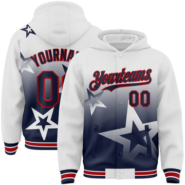 Custom White Navy-Red Gradient Style Twinkle Star Bomber Full-Snap Varsity Letterman Hoodie Jacket