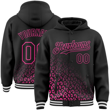 Custom Black-Pink Leopard Print Fade Fashion Bomber Full-Snap Varsity Letterman Hoodie Jacket