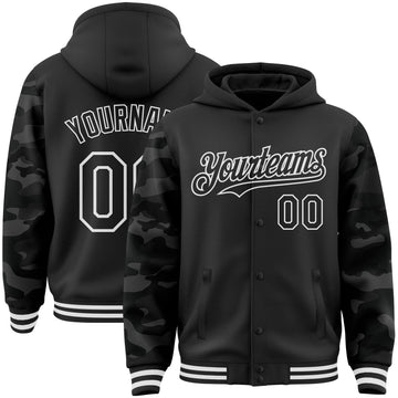 Custom Black-White Digital Camo Two Tone Bomber Full-Snap Varsity Letterman Hoodie Jacket