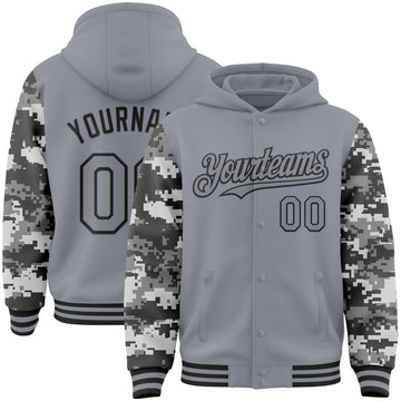 Custom Gray-Black Digital Camo Two Tone Bomber Full-Snap Varsity Letterman Hoodie Jacket