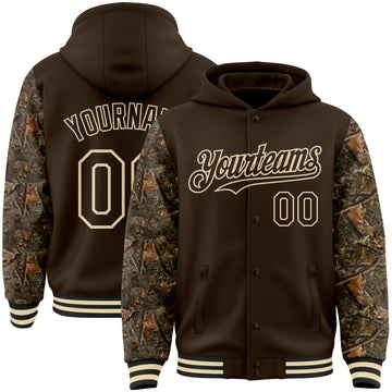 Custom Brown-Cream Woodland Camo Two Tone Bomber Full-Snap Varsity Letterman Hoodie Jacket