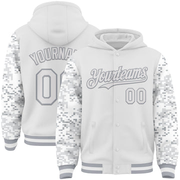 Custom White-Gray Digital Camo Two Tone Bomber Full-Snap Varsity Letterman Hoodie Jacket