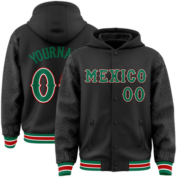 Custom Black Kelly Green White-Red Mexico Aztec Calendar Bomber Full-Snap Varsity Letterman Hoodie Jacket