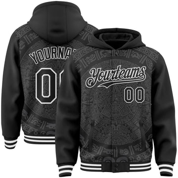 Custom Black-White Aztec Calendar Mayan Sun Stone 3D Pattern Bomber Full-Snap Varsity Letterman Hoodie Jacket