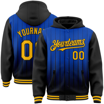 Custom Thunder Blue Gold-Black Gradient Geometric Shape Two Tone Bomber Full-Snap Varsity Letterman Hoodie Jacket