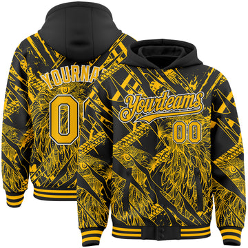 Custom Black Gold-White Animal Eagle 3D Pattern Bomber Full-Snap Varsity Letterman Hoodie Jacket