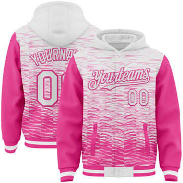 Custom White-Pink Distressed Scratch Two Tone Bomber Full-Snap Varsity Letterman Hoodie Jacket
