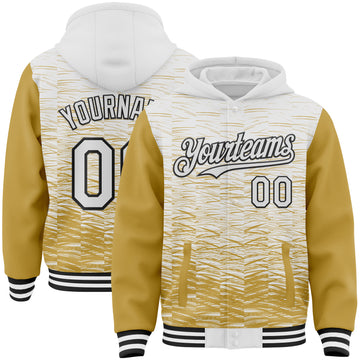 Custom White Old Gold-Black Distressed Scratch Two Tone Bomber Full-Snap Varsity Letterman Hoodie Jacket
