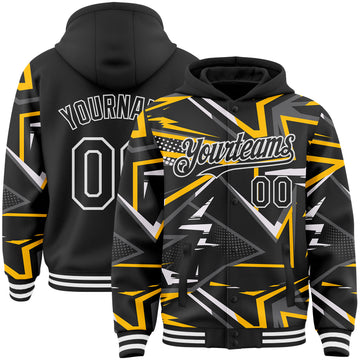 Custom Black Steel Gray Gold-White Dynamic Geometric Shard Bomber Full-Snap Varsity Letterman Hoodie Jacket