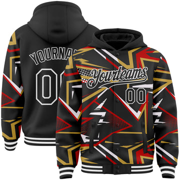 Custom Black Red Old Gold-White Dynamic Geometric Shard Bomber Full-Snap Varsity Letterman Hoodie Jacket