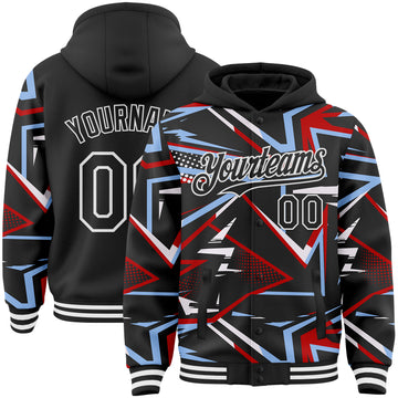Custom Black Red Light Blue-White Dynamic Geometric Shard Bomber Full-Snap Varsity Letterman Hoodie Jacket
