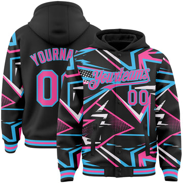 Custom Black Pink-Sky Blue Dynamic Geometric Shard Bomber Full-Snap Varsity Letterman Hoodie Jacket