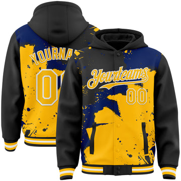 Custom Black Gold Royal-White Torn Paper Style Paint Splatter Bomber Full-Snap Varsity Letterman Hoodie Jacket