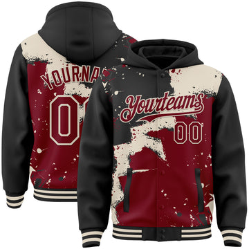 Custom Black Crimson-Cream Torn Paper Style Paint Splatter Bomber Full-Snap Varsity Letterman Hoodie Jacket