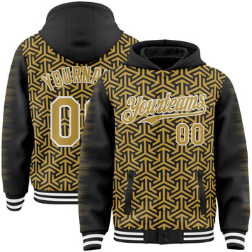 Custom Black Old Gold-White Geometric Arrow Bomber Full-Snap Varsity Letterman Hoodie Jacket