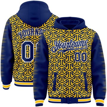 Custom Royal Yellow-White Geometric Arrow Bomber Full-Snap Varsity Letterman Hoodie Jacket