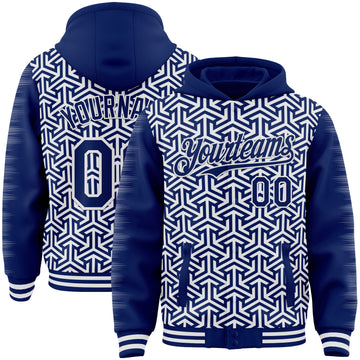 Custom Royal-White Geometric Arrow Bomber Full-Snap Varsity Letterman Hoodie Jacket