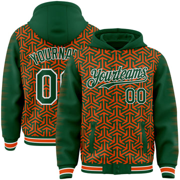 Custom Kelly Green Orange-White Geometric Arrow Bomber Full-Snap Varsity Letterman Hoodie Jacket