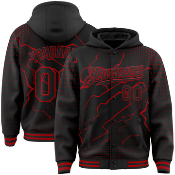 Custom Black-Red Lightning Polka Dot 3D Pattern Bomber Full-Snap Varsity Letterman Hoodie Jacket