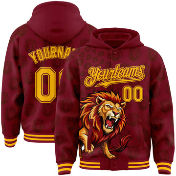 Custom Crimson-Gold Lion Leopard Print Bomber Full-Snap Varsity Letterman Hoodie Jacket