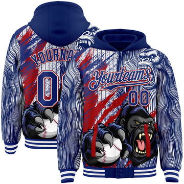 Custom Royal White-Red Gorilla Claw Scratch Brush Stroke Bomber Full-Snap Varsity Letterman Hoodie Jacket
