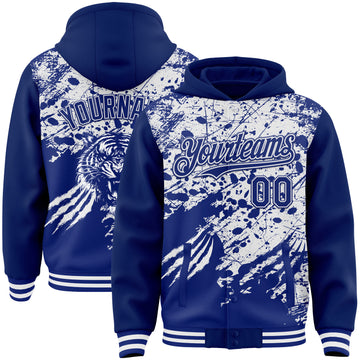 Custom Royal-White Tiger Claw Scratch Paint Splatter Bomber Full-Snap Varsity Letterman Hoodie Jacket