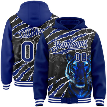 Custom Royal Black-White Tiger Lightning Claw Scratch Bomber Full-Snap Varsity Letterman Hoodie Jacket