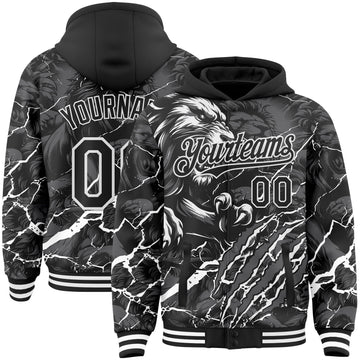 Custom Black Gray-White Lion Lightning Claw Scratch Bomber Full-Snap Varsity Letterman Hoodie Jacket