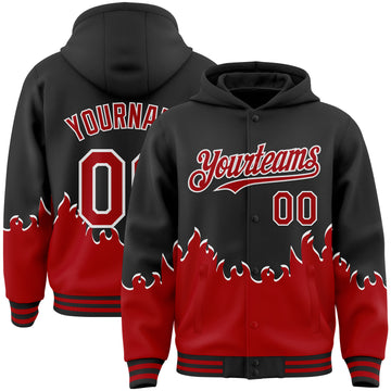 Custom Black Red-White Fire Flame Bomber Full-Snap Varsity Letterman Hoodie Jacket