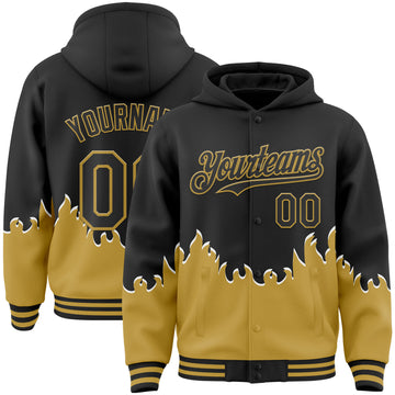 Custom Black-Old Gold Fire Flame Bomber Full-Snap Varsity Letterman Hoodie Jacket