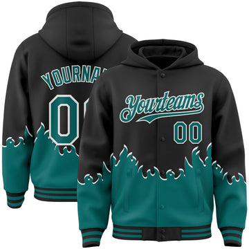 Custom Black Teal-White Fire Flame Bomber Full-Snap Varsity Letterman Hoodie Jacket
