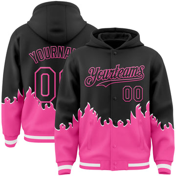Custom Black-Pink Fire Flame Bomber Full-Snap Varsity Letterman Hoodie Jacket