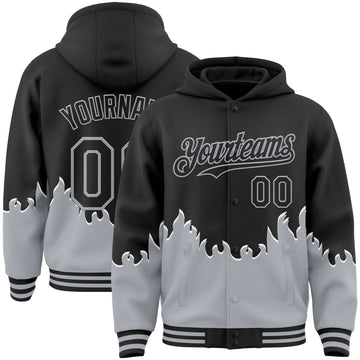 Custom Black-Gray Fire Flame Bomber Full-Snap Varsity Letterman Hoodie Jacket