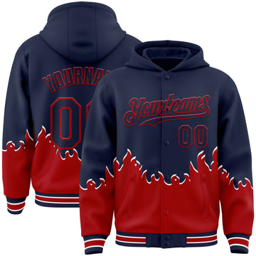 Custom Navy-Red Fire Flame Bomber Full-Snap Varsity Letterman Hoodie Jacket