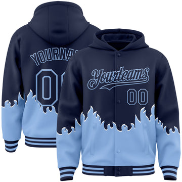 Custom Navy-Light Blue Fire Flame Bomber Full-Snap Varsity Letterman Hoodie Jacket