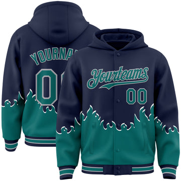Custom Navy Teal-Gray Fire Flame Bomber Full-Snap Varsity Letterman Hoodie Jacket