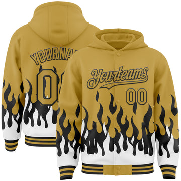 Custom Old Gold Black-White Fire Flame Bomber Full-Snap Varsity Letterman Hoodie Jacket