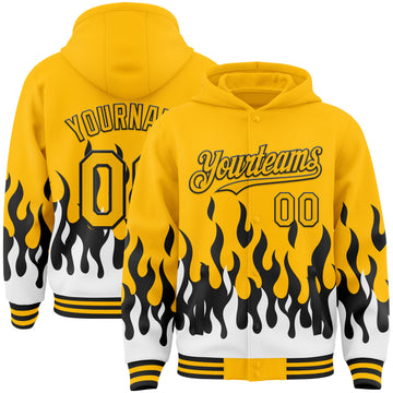 Custom Gold Black-White Fire Flame Bomber Full-Snap Varsity Letterman Hoodie Jacket