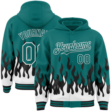 Custom Teal Black-White Fire Flame Bomber Full-Snap Varsity Letterman Hoodie Jacket