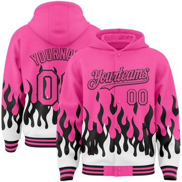 Custom Pink Black-White Fire Flame Bomber Full-Snap Varsity Letterman Hoodie Jacket