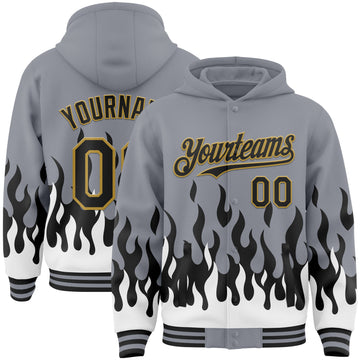 Custom Gray Black White-Old Gold Fire Flame Bomber Full-Snap Varsity Letterman Hoodie Jacket
