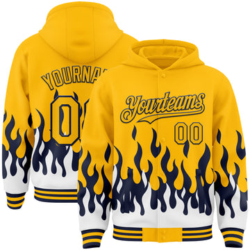 Custom Gold Navy-White Fire Flame Bomber Full-Snap Varsity Letterman Hoodie Jacket