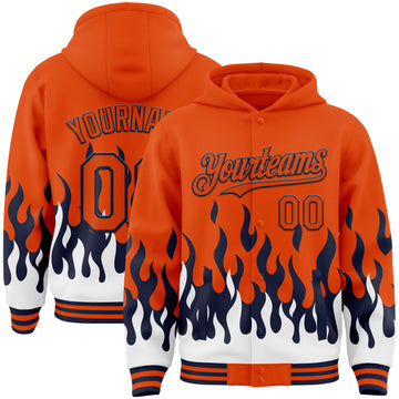Custom Orange Navy-White Fire Flame Bomber Full-Snap Varsity Letterman Hoodie Jacket