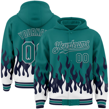 Custom Teal Navy White-Gray Fire Flame Bomber Full-Snap Varsity Letterman Hoodie Jacket